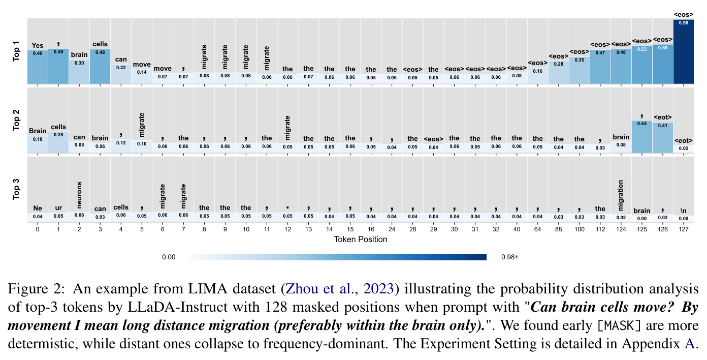 An example from LIMA dataset (Zhou et al., 2023) illustrating the probability distribution analysis of top-3 tokens by LLaDA-Instruct with 128 masked positions when prompt with Can brain cells move? By movement I mean long distance migration (preferably within the brain only).