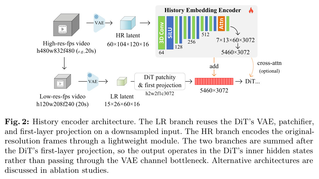 History encoder architecture. The LR branch reuses the DiT's VAE, patchifier, and first-layer projection on a downsampled input. The HR branch encodes the original-resolution frames through a lightweight module. The two branches are summed after the DiT's first-layer projection, so the output operates in the DiT's inner hidden states rather than passing through the VAE channel bottleneck. Alternative architectures are discussed in ablation studies.