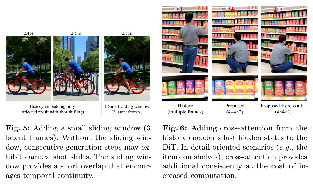 Adding a small sliding window (3 latent frames). Without the sliding window, consecutive generation steps may exhibit camera shot shifts. The sliding window provides a short overlap that encourages temporal continuity.