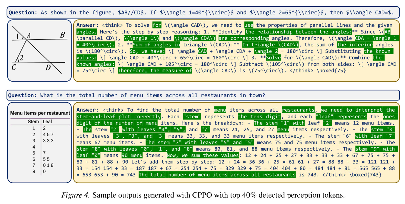 Sample outputs generated with CPPO with top 40% detected perception tokens