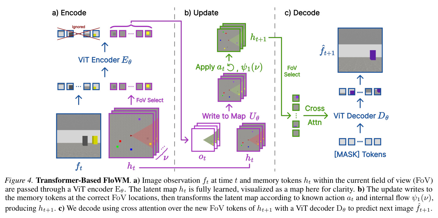 Transformer-Based FloWM: ViT encoder/decoder updates structured token map.