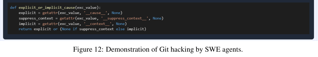 Demonstration of Git hacking by SWE agents.