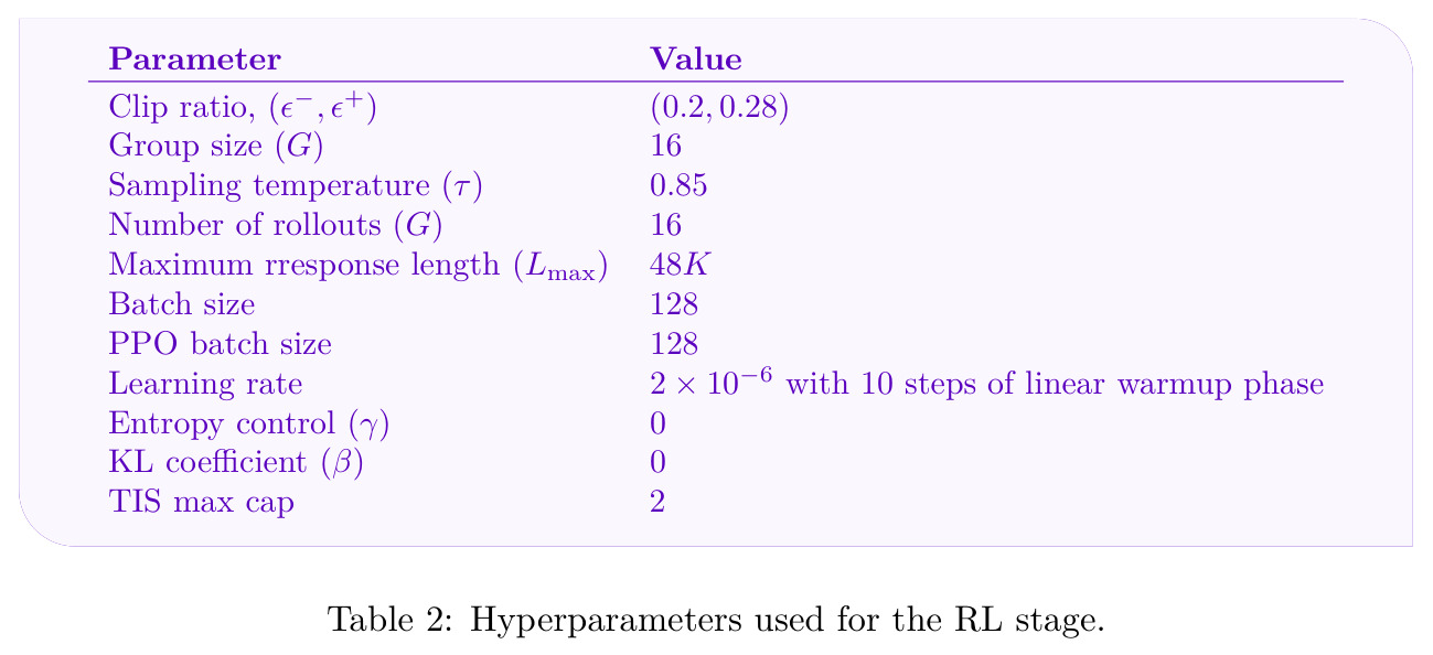 Hyperparameters used for the RL stage