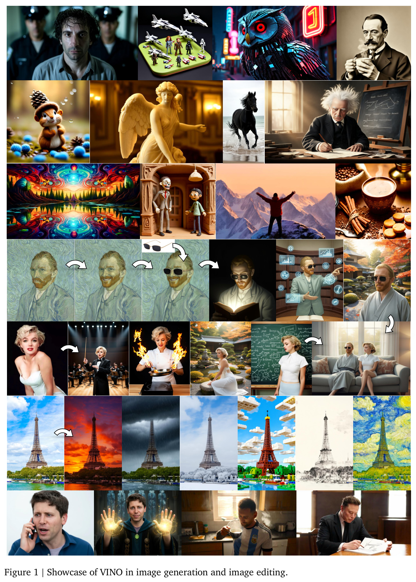 Showcase of VINO in image generation and image editing.