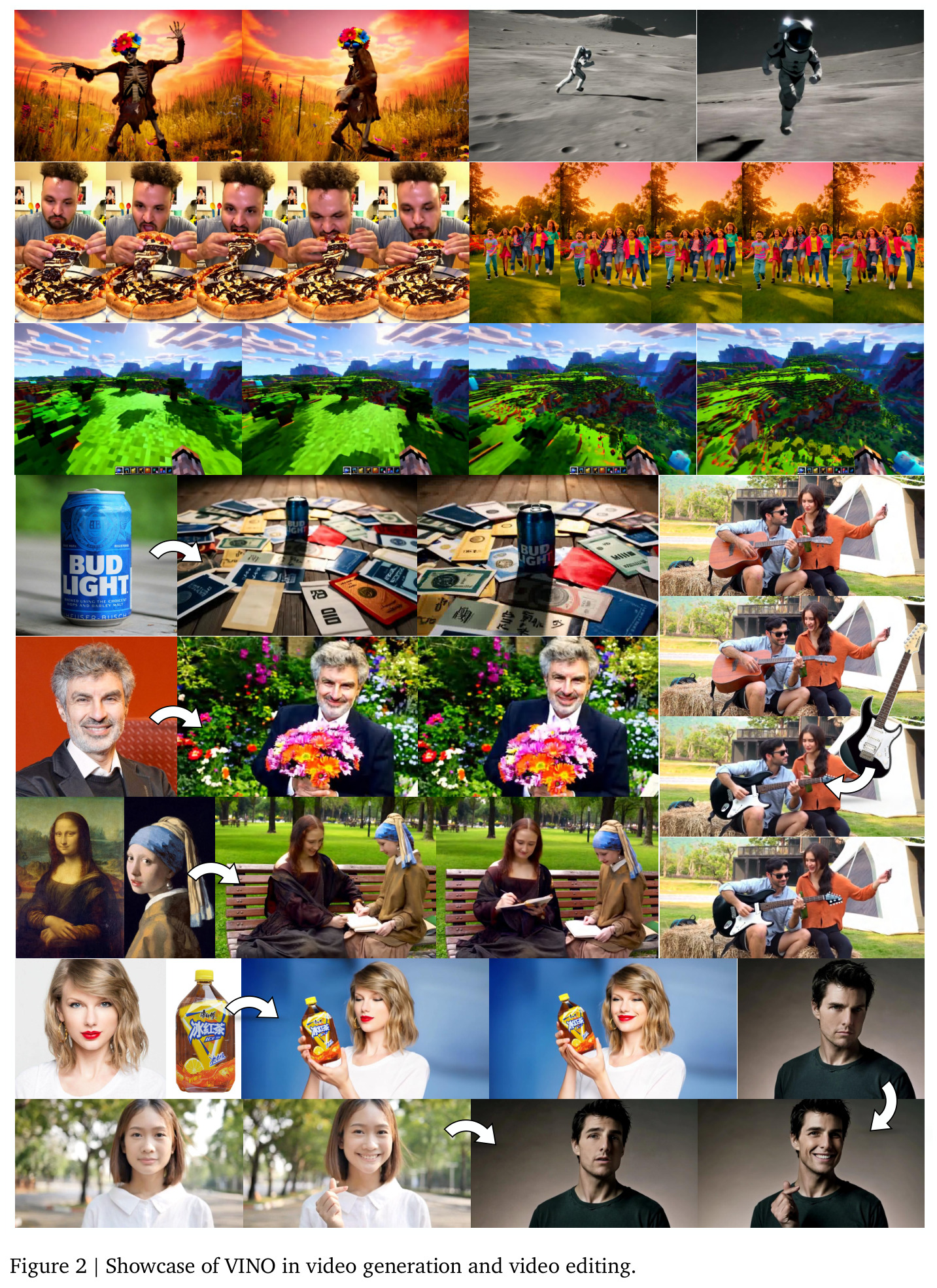 Showcase of VINO in video generation and video editing.