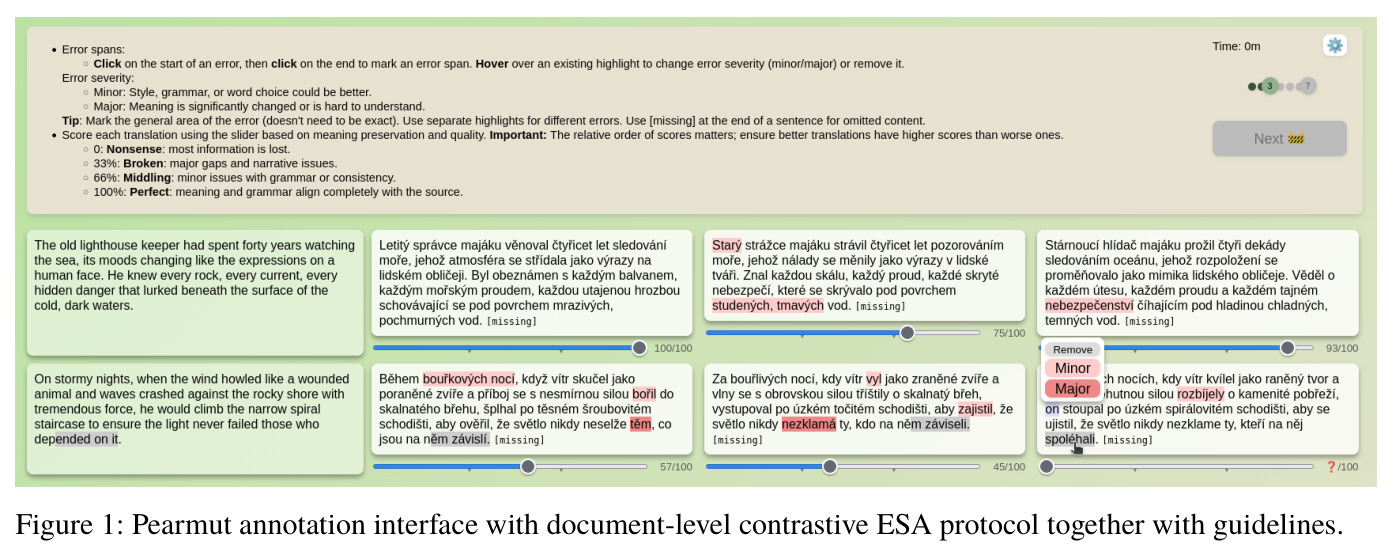 Pearmut annotation interface with document-level contrastive ESA protocol together with guidelines.