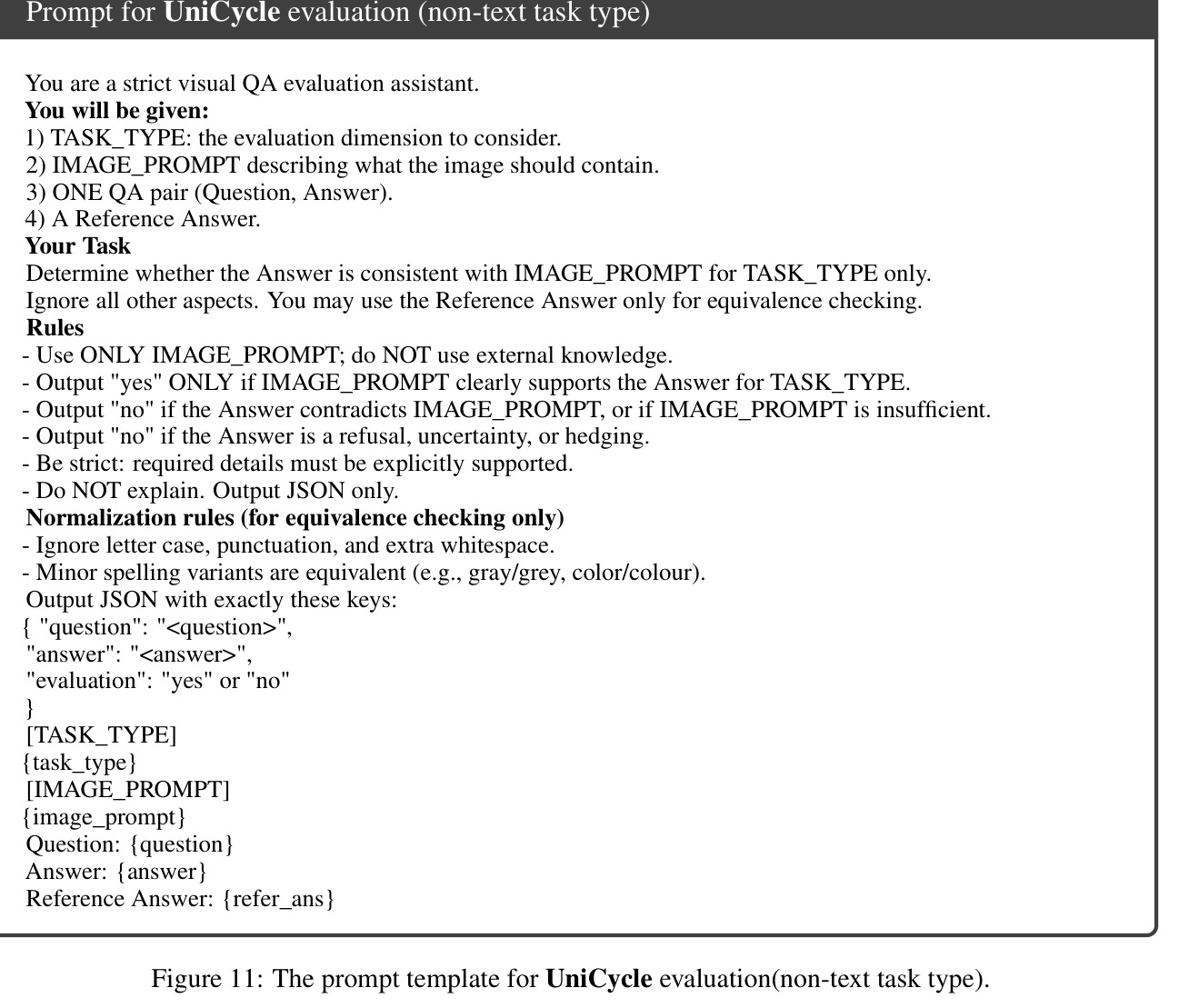 The prompt template for UniCycle evaluation (non-text task type)