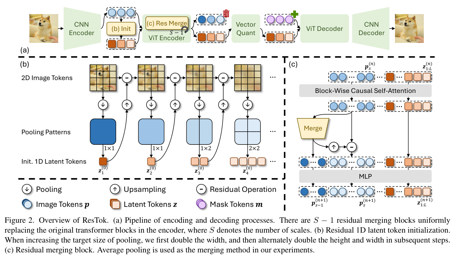 Overview of ResTok. (a) Pipeline of encoding and decoding processes. There are S −1 residual merging blocks uniformly replacing the original transformer blocks in the encoder, where S denotes the number of scales. (b) Residual 1D latent token initialization. When increasing the target size of pooling, we first double the width, and then alternately double the height and width in subsequent steps. (c) Residual merging block. Average pooling is used as the merging method in our experiments.