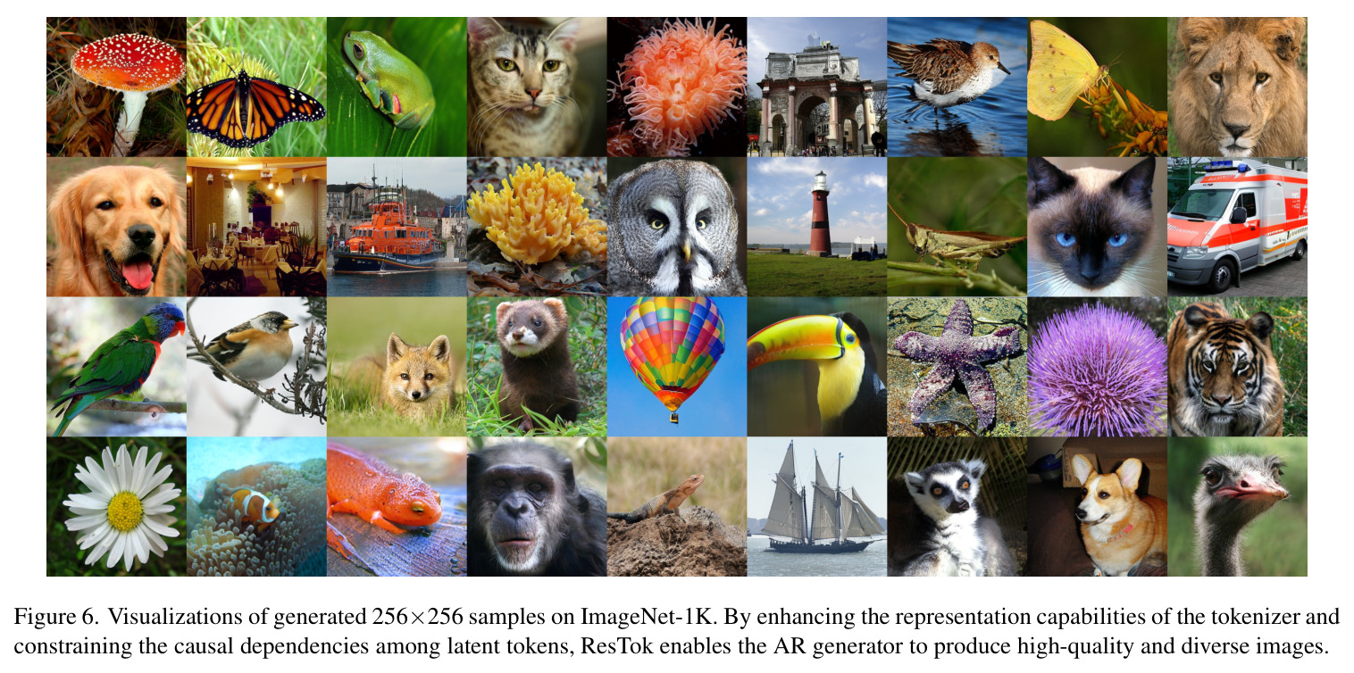 Visualizations of generated 256×256 samples on ImageNet-1K. By enhancing the representation capabilities of the tokenizer and constraining the causal dependencies among latent tokens, ResTok enables the AR generator to produce high-quality and diverse images.