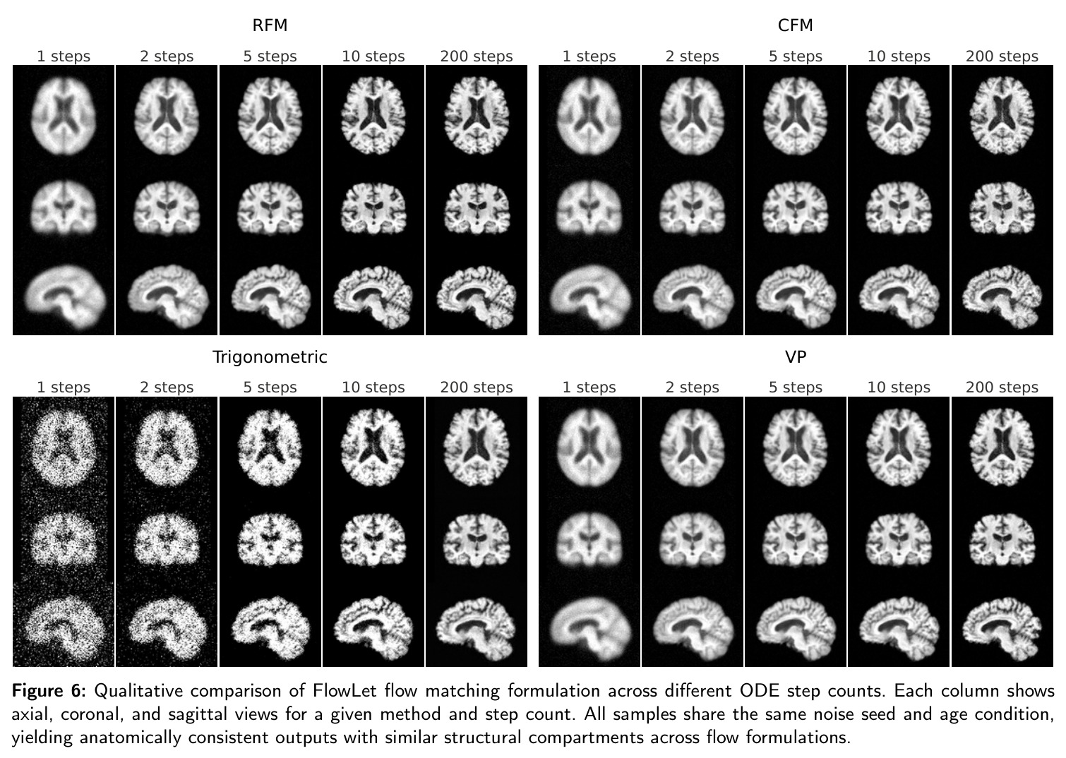 Qualitative comparison of FlowLet flow matching formulation across different ODE step counts.