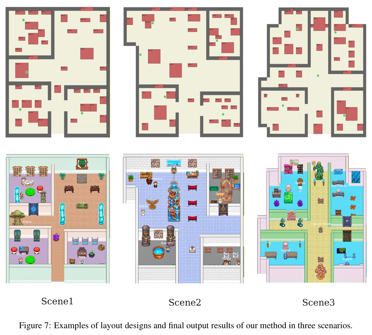 Examples of layout designs and final output results of our method in three scenarios.