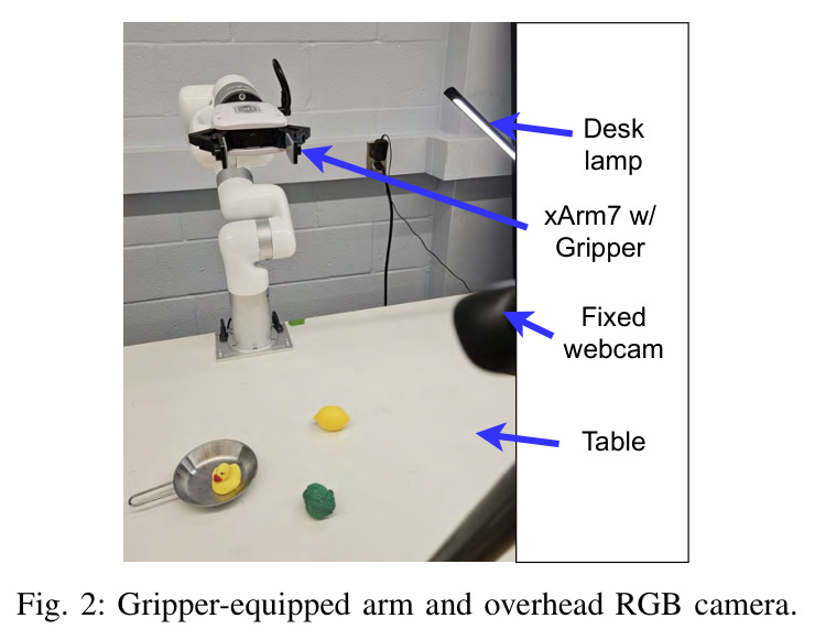 Gripper-equipped arm and overhead RGB camera