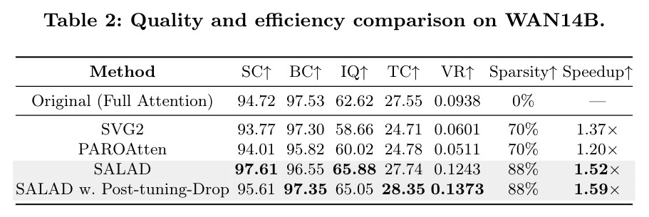 Quality and efficiency comparison on WAN14B.