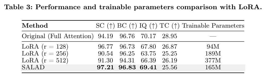 Performance and trainable parameters comparison with LoRA.