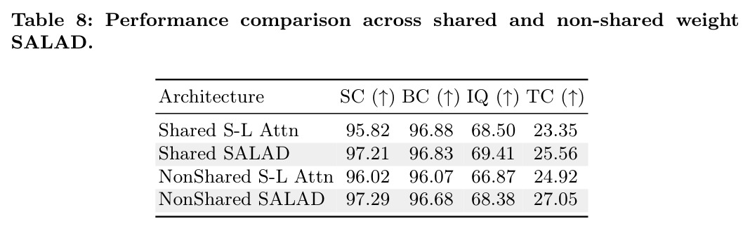 Performance comparison across shared and non-shared weight SALAD.
