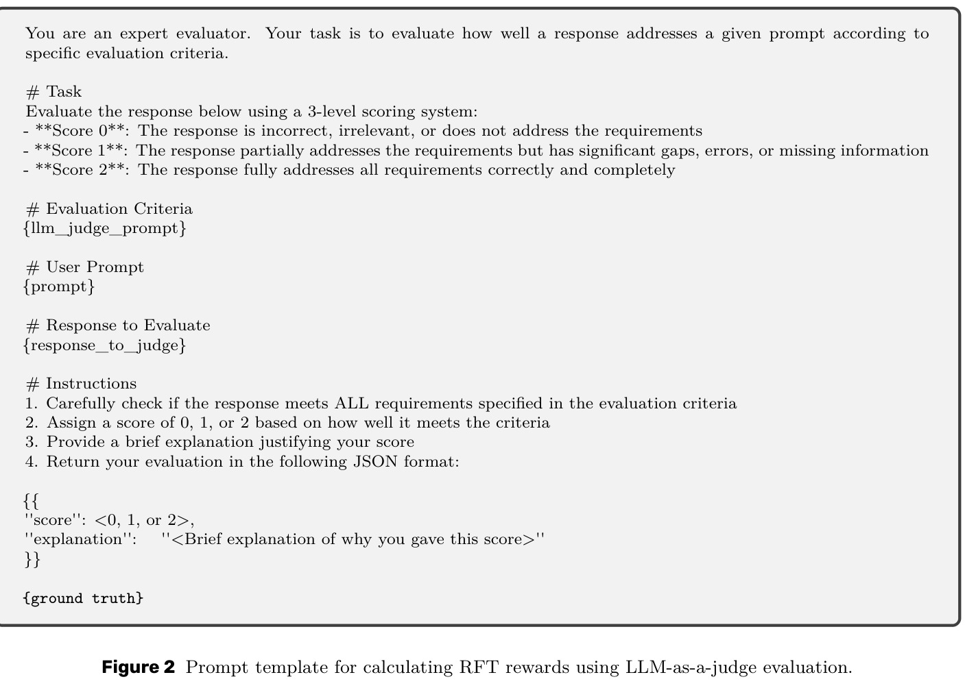 Prompt template for calculating RFT rewards using LLM-as-a-judge evaluation.