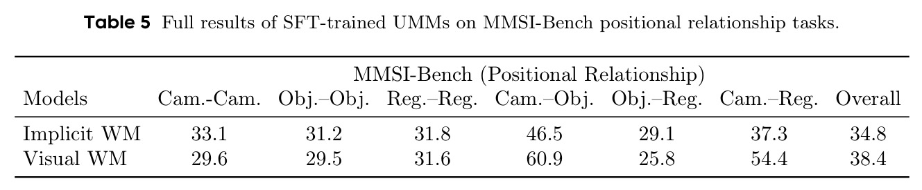 SFT训练的UMM在MMSI-Bench所有位置关系子任务上的完整结果