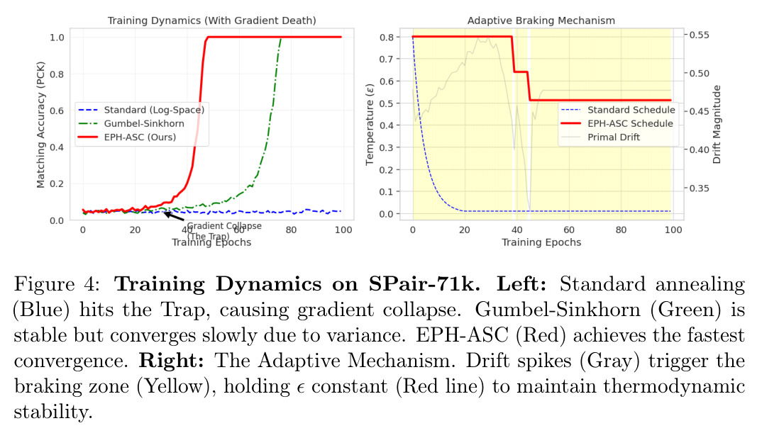 Training Dynamics on SPair-71k. Left: Standard annealing (Blue) hits the Trap, causing gradient collapse. Gumbel-Sinkhorn (Green) is stable but converges slowly due to variance. EPH-ASC (Red) achieves the fastest convergence. Right: The Adaptive Mechanism.