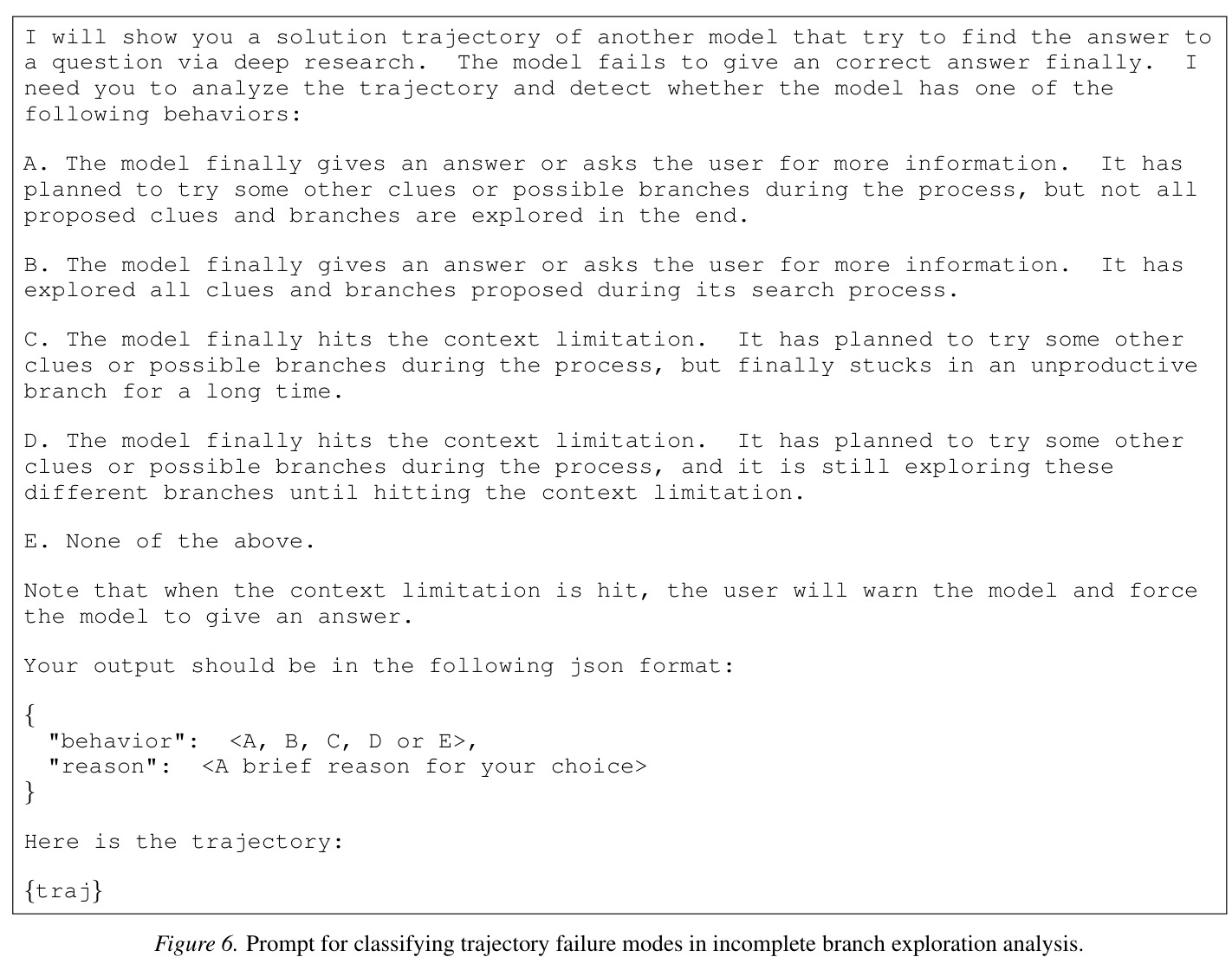 Prompt for classifying trajectory failure modes in incomplete branch exploration analysis