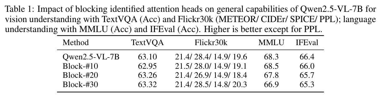 Impact of blocking identified attention heads on general capabilities of Qwen2.5-VL-7B