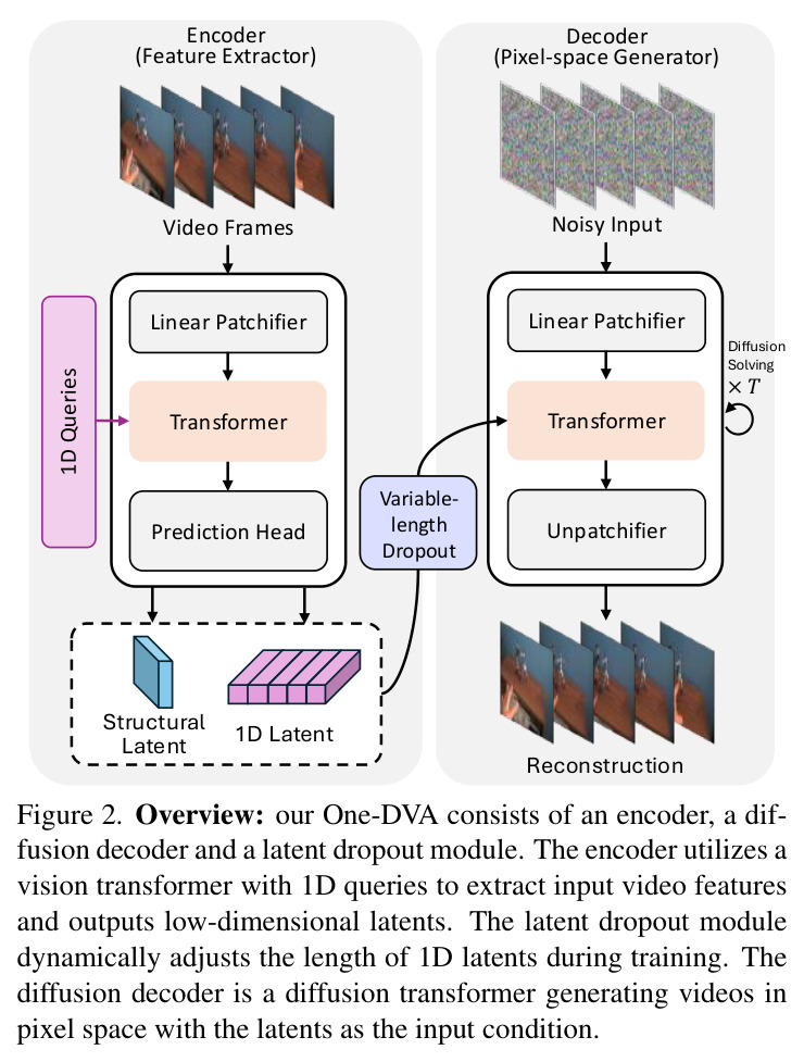 One-DVA 架构总览：编码器、隐变量丢弃模块和扩散解码器