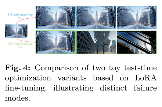 Comparison of two toy test-time optimization variants based on LoRA fine-tuning