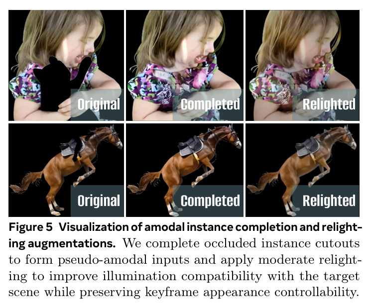 Visualization of amodal instance completion and relighting augmentations