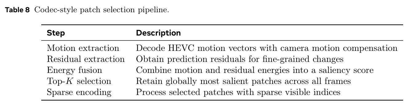 Codec-style patch selection pipeline
