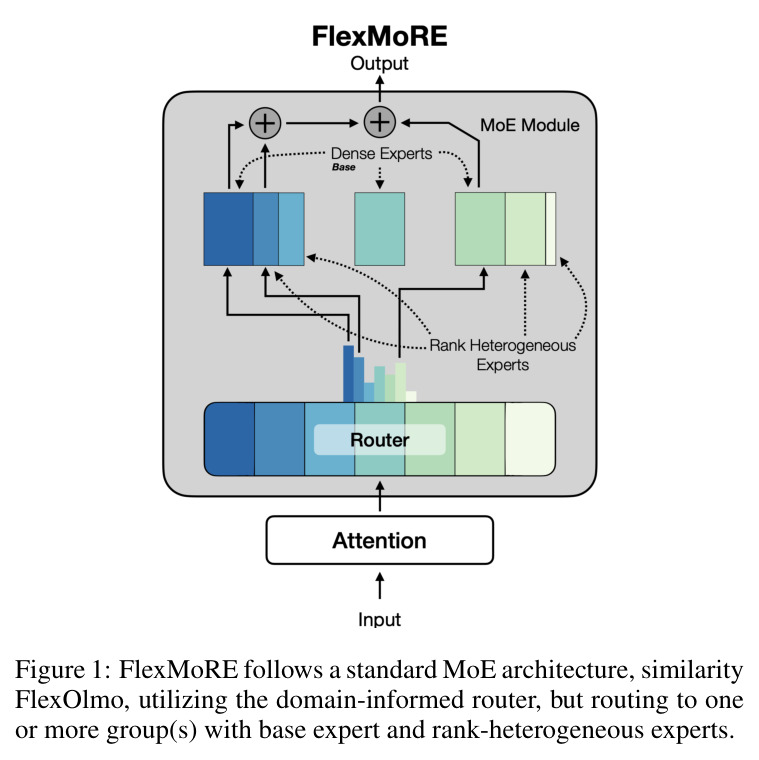 FlexMoRE follows a standard MoE architecture, similarity FlexOlmo, utilizing the domain-informed router, but routing to one or more group(s) with base expert and rank-heterogeneous experts.