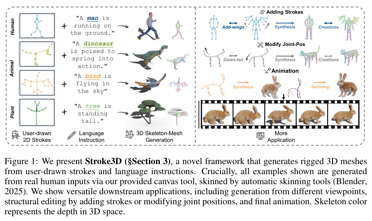 Stroke3D框架示意图：从用户绘制的2D笔画和语言指令生成可动画化的3D资产