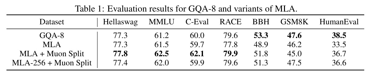GQA-8 与 MLA 变体评估结果