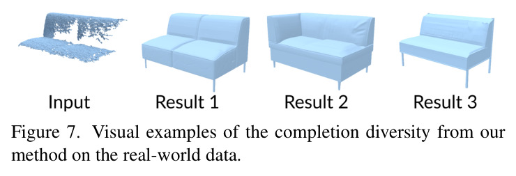 Visual examples of the completion diversity from our method on the real-world data.