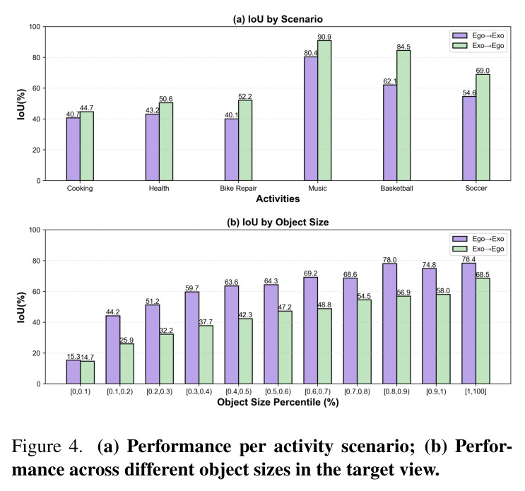 (a) Performance per activity scenario; (b) Performance across different object sizes in the target view