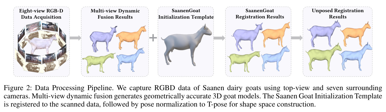 Data Processing Pipeline. We capture RGBD data of Saanen dairy goats using top-view and seven surrounding cameras.