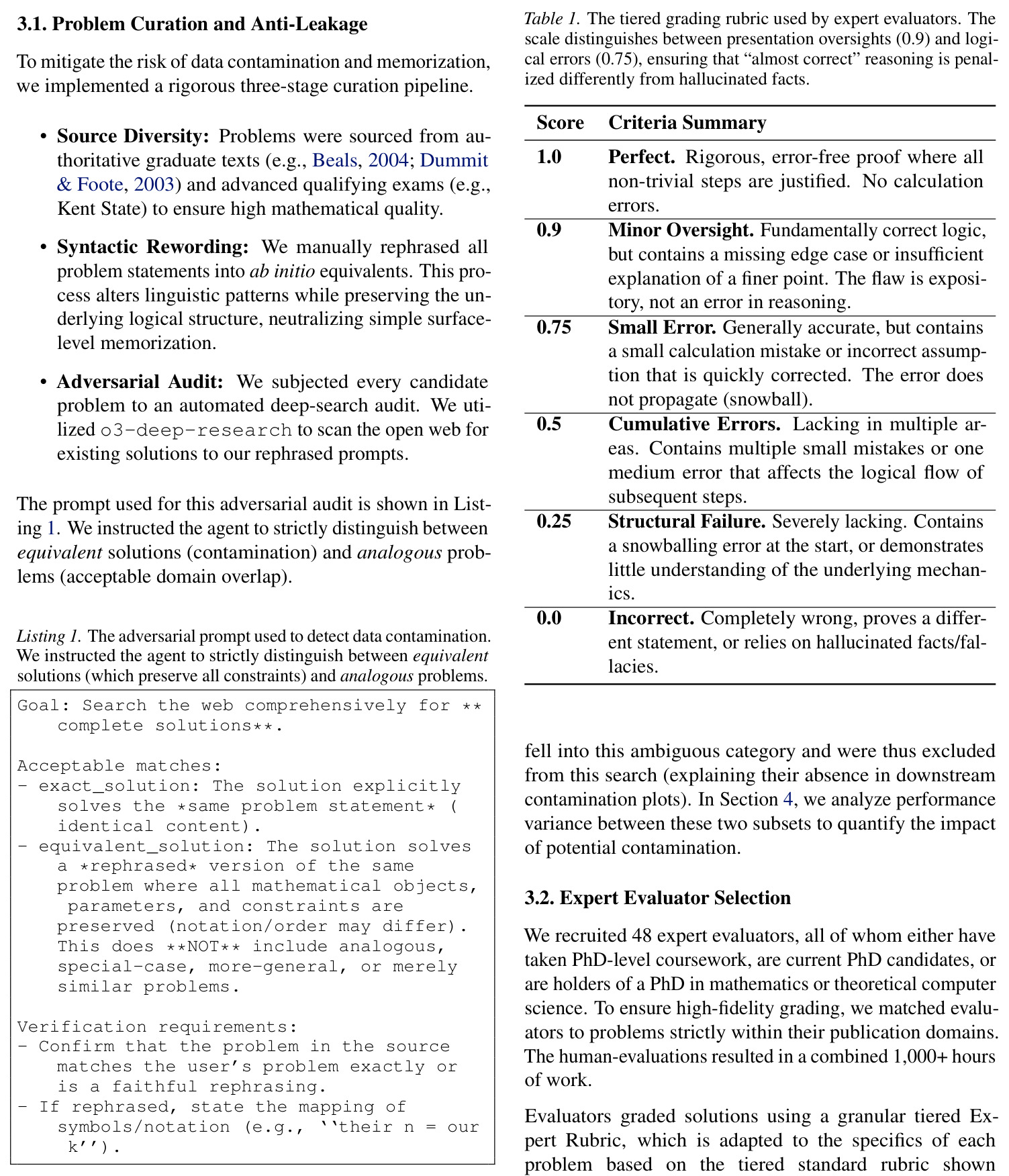 The tiered grading rubric used by expert evaluators. The scale distinguishes between presentation oversights (0.9) and logical errors (0.75), ensuring that 'almost correct' reasoning is penalized differently from hallucinated facts.