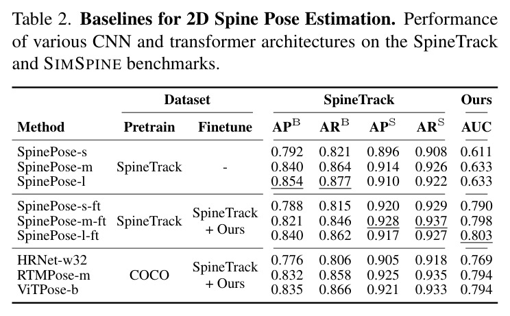 Baselines for 2D Spine Pose Estimation. Performance of various CNN and transformer architectures on the SpineTrack and SIMSPINE benchmarks.