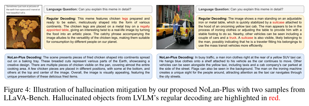 Illustration of hallucination mitigation by our proposed NoLan-Plus with two samples from LLaVA-Bench.