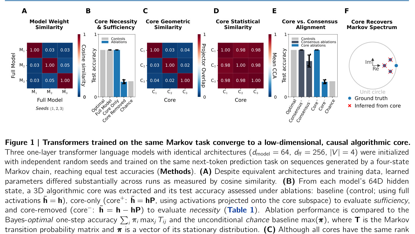 Transformers trained on the same Markov task converge to a low-dimensional, causal algorithmic core.