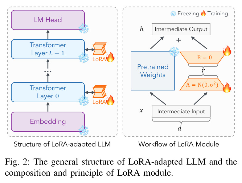 LoRA-adapted LLM 的整体结构与 LoRA 模块工作原理