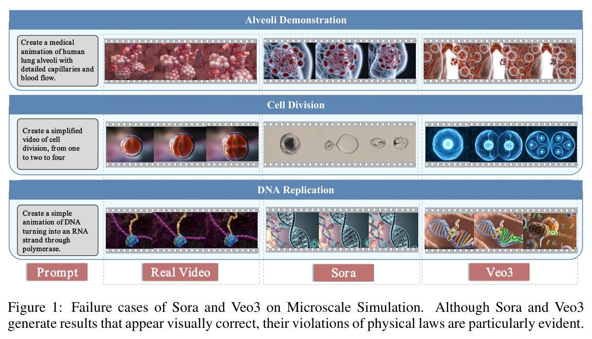 Failure cases of Sora and Veo3 on Microscale Simulation. Although Sora and Veo3 generate results that appear visually correct, their violations of physical laws are particularly evident.