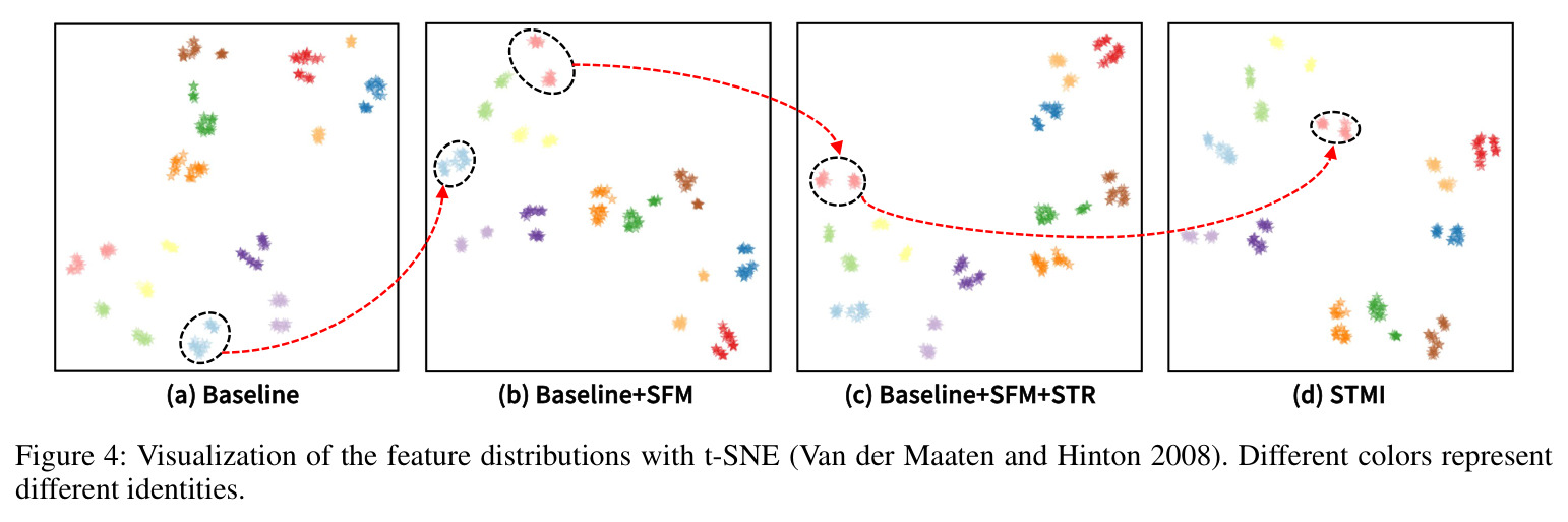 Visualization of the feature distributions with t-SNE. Different colors represent different identities.
