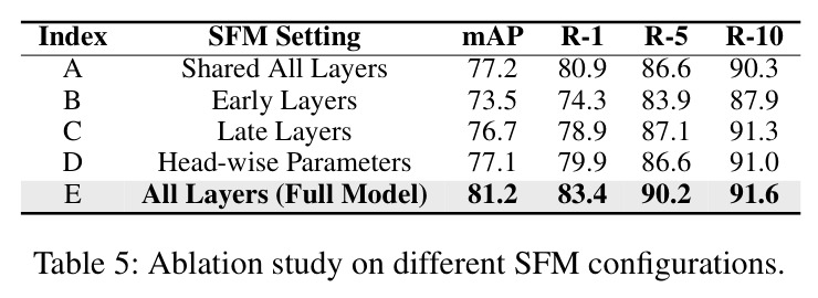 Ablation study on different SFM configurations.