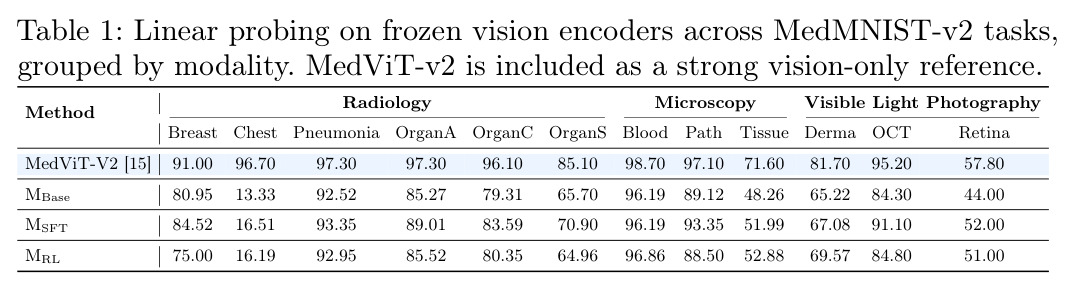 Linear probing on frozen vision encoders across MedMNIST-v2 tasks, grouped by modality.