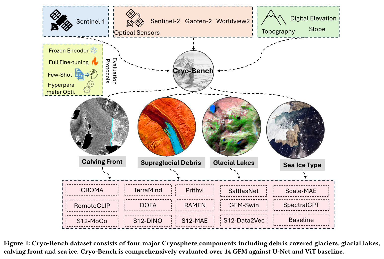 Cryo-Bench dataset consists of four major Cryosphere components including debris covered glaciers, glacial lakes, calving front and sea ice. Cryo-Bench is comprehensively evaluated over 14 GFM against U-Net and ViT baseline.