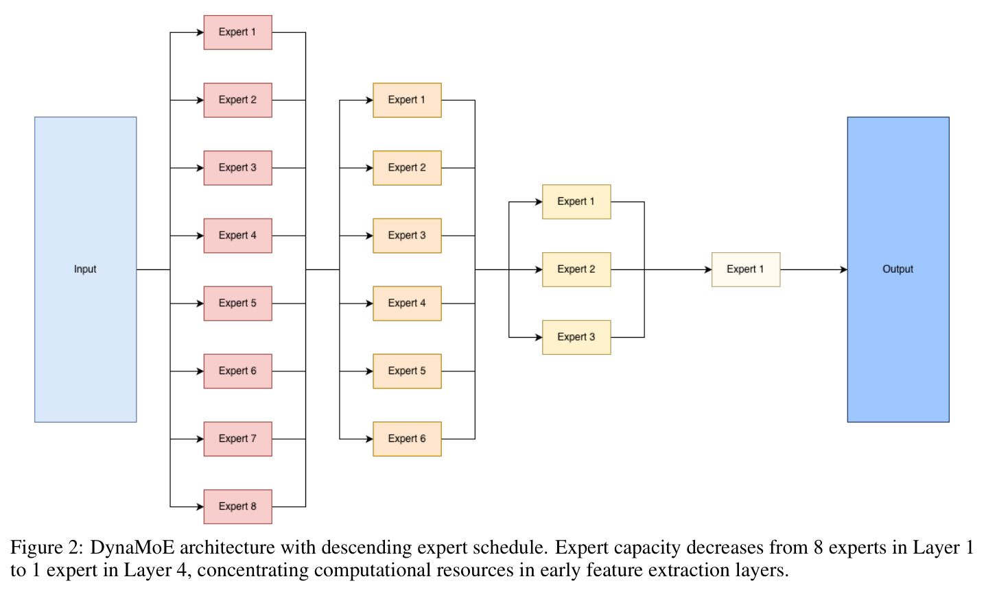 DynaMoE architecture with descending expert schedule.