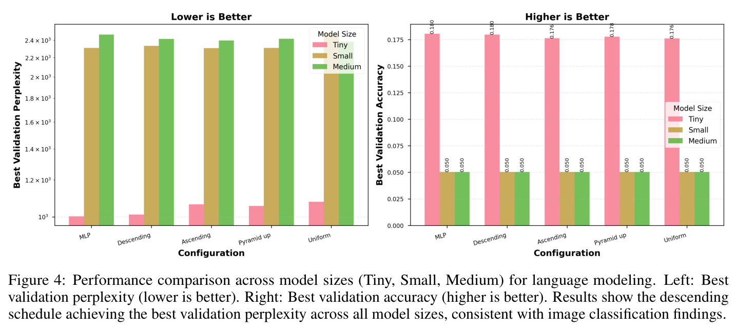 Performance comparison across model sizes (Tiny, Small, Medium) for language modeling.