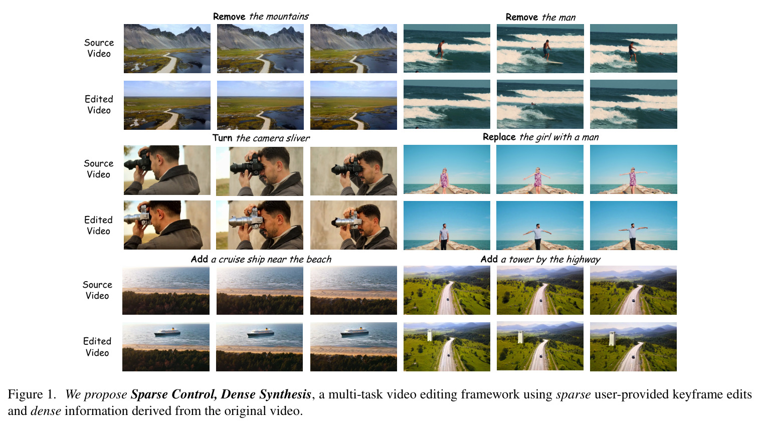 NOVA: Sparse Control, Dense Synthesis for Pair-Free Video Editing — Teaser