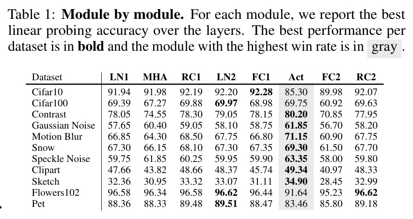 Module by module. For each module, we report the best linear probing accuracy over the layers.