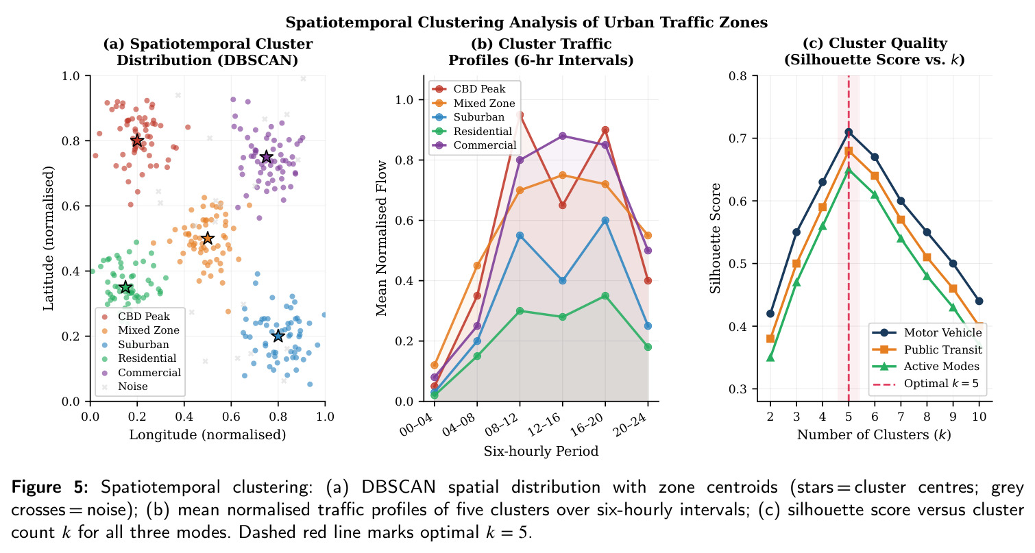 Spatiotemporal clustering: (a) DBSCAN spatial distribution with zone centroids; (b) mean normalised traffic profiles of five clusters over six-hourly intervals; (c) silhouette score versus cluster count $k$ for all three modes.