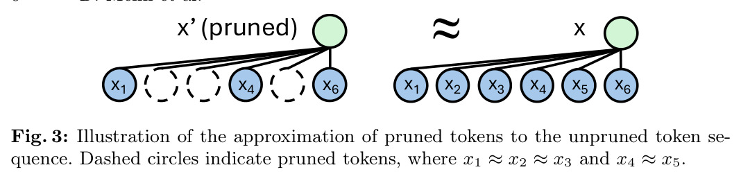 Illustration of the approximation of pruned tokens to the unpruned token sequence